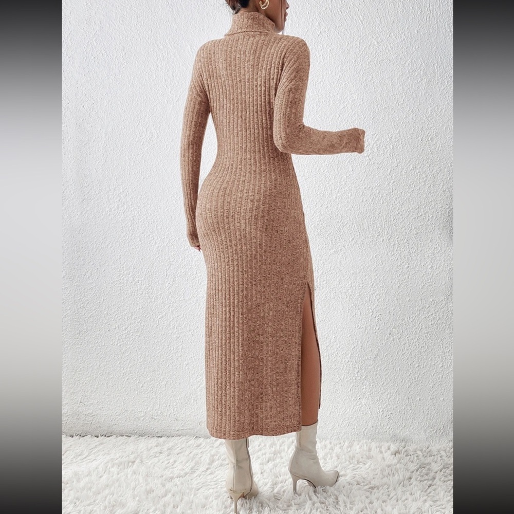 Tan Ribbed Winter Long Sleeve Sweater Dress - Picture 2 of 5